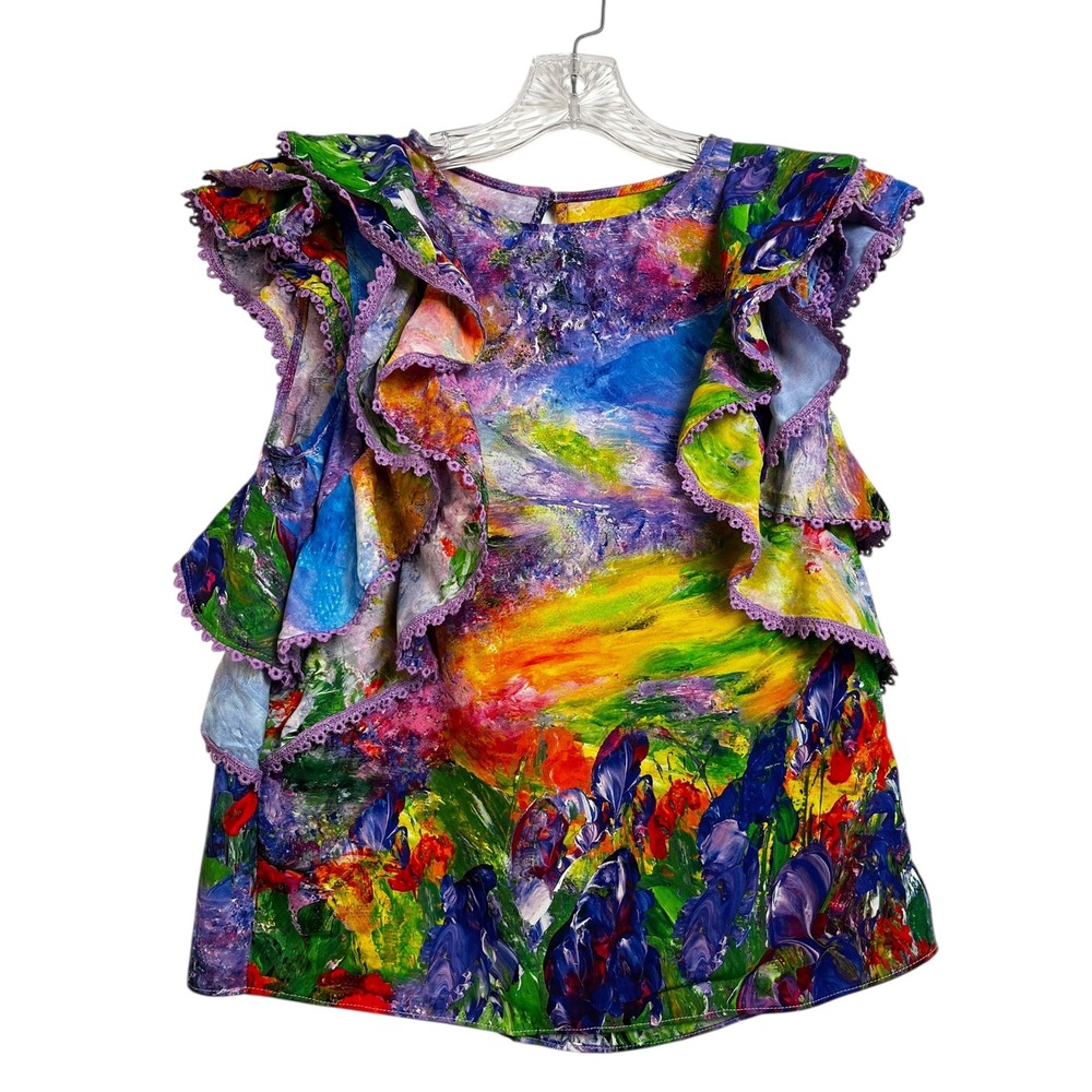 Artistic Floral Print Ruffle‎ Dress Women's Multi Color Sleeveless Small Artsy